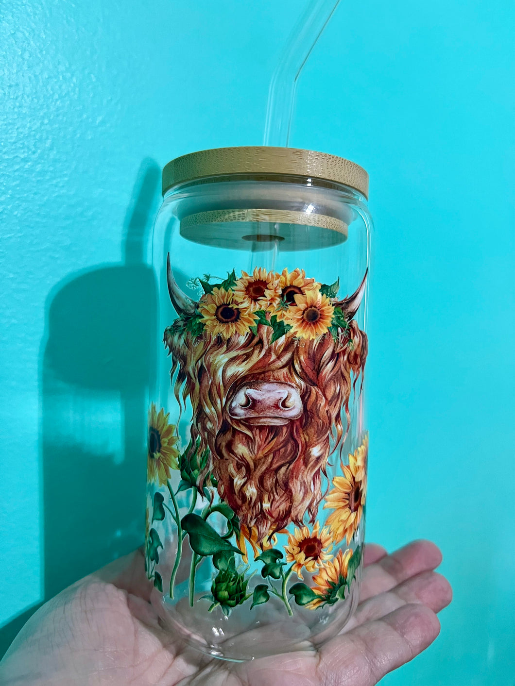 Floral Highland Cow Glass Can