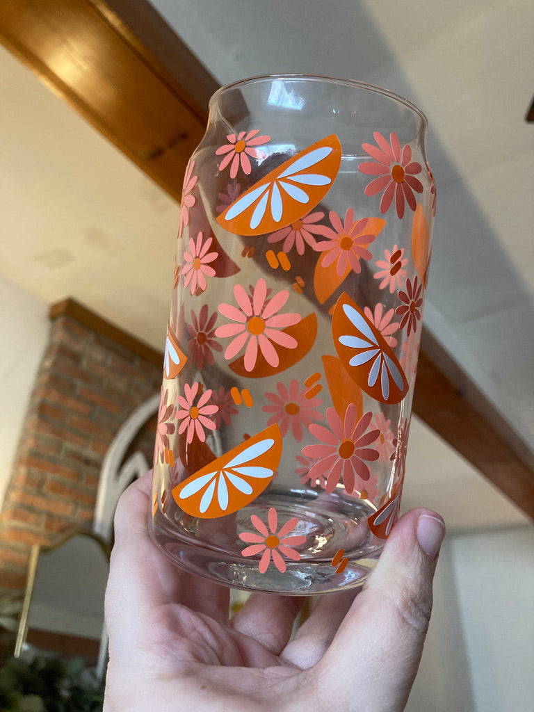 Orange Flower Power Glass Can